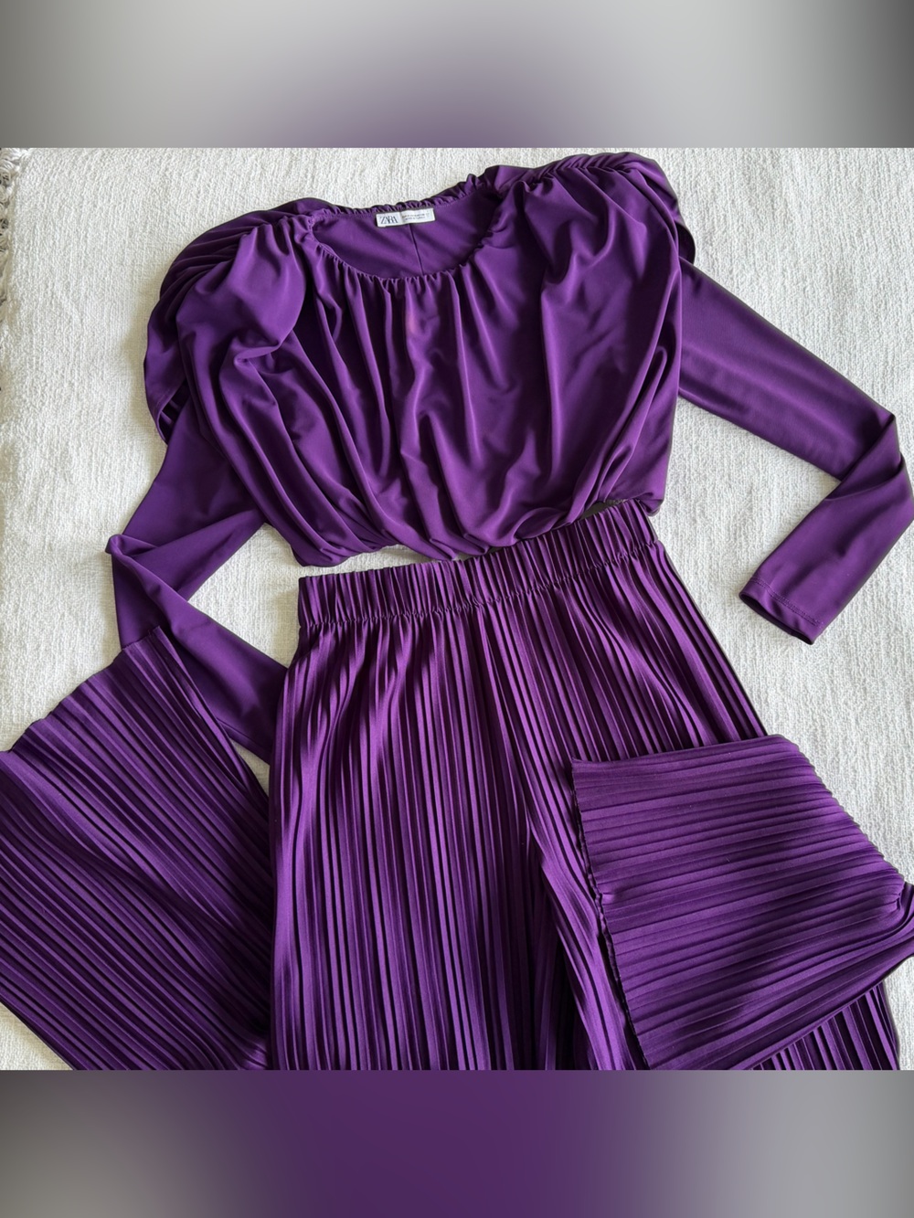 Zara Purple Pleated Long Sleeve Midi Dress